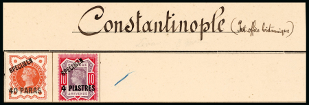 Stamp of British Levant  1893ca. archive page from the Tunisia P.O. archive with 1887-96 4pi on 10d and 1893 provisional 40pa on 1/2d, both with "SPECIMEN" hs