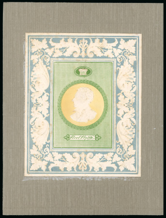 Stamp of Great Britain » 1839 Treasury Competition Charles Whiting: An embossed sample produced by the Congreve process, printed in grey-blue, green and yellow showing Lord Byron
