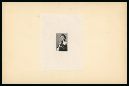 Stamp of Canada 1959 Royal Visit die proof of Queen Elizabeth's portrait by Annigoni in black on India paper sunken on card