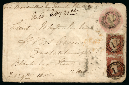 Stamp of Great Britain » British Post Offices Abroad » Crimea 1855 1d postal stationery envelope with a ship in the Black Sea Fleet at Constantinople