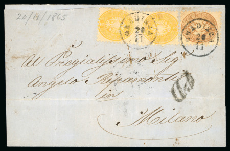 Stamp of Austria » Styria (Steiermark) 1865 (Nov 20) large part cover from Gradisca (modern day Slovenia) to Italy with 1863-64 2Kr vert. pair and 15Kr perf.9