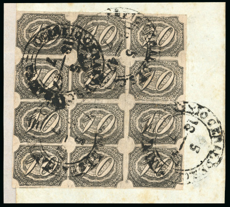 Stamp of Brazil » 1844-46 Slanting Figures 1846, 10r black, block of twelve (3x4), tied to piece by Santa Catarina cds