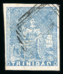 Stamp of Trinidad and Tobago » Trinidad 1852-60 lithographed (1d) blue on cartridge paper, fine to large margins, cancelled by light "1" numeral