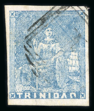 Stamp of Trinidad and Tobago » Trinidad 1852-60 lithographed (1d) blue on cartridge paper, fine to large margins, cancelled by light "1" numeral