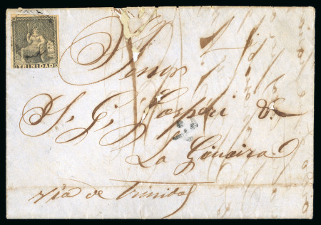 Stamp of Trinidad and Tobago » Trinidad 1854 (Nov 30) entire from Guiria, Venezuela, endorsed "via de Trinidad" and franked with 1851-55 (1d) grey in transit