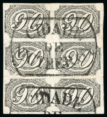 Stamp of Brazil » 1844-46 Slanting Figures 1846, 90r black, vertical block of six used, showing types II / I / II