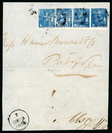 Stamp of Trinidad and Tobago » Trinidad 1856 (Dec 13) part cover with 1852-60 Third Issue (1d) bright blue single and lower left corner strip of three
