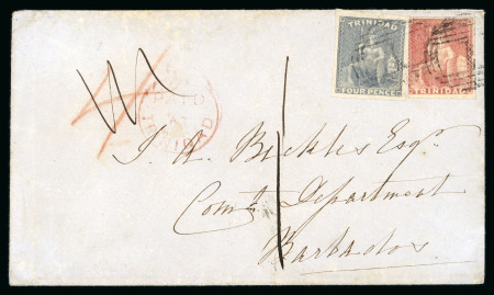 Stamp of Trinidad and Tobago » Trinidad 1859 (Jul) envelope to Barbados with 1859 4d grey-lilac, large even margins, and 1854-57 1d rose-red