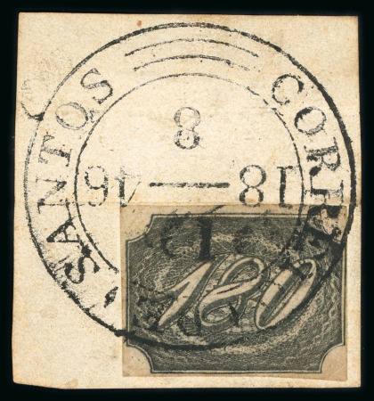 Stamp of Brazil » 1844-46 Slanting Figures 1846, 180r black, used on piece at Santos