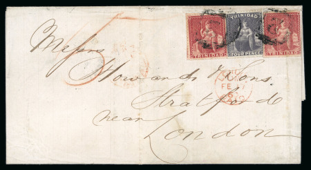 Stamp of Trinidad and Tobago » Trinidad 1860 (Jan 23) entire from San Fernando to England with 1859 pin perf.13 1/2-14 4d dull lilac and two (1d) carmine-lake