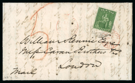 Stamp of Trinidad and Tobago » Trinidad 1861 (Apr 8) entire to England with 1859 pin perf.13 1/2-14 6d bright yellow-green