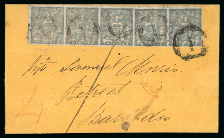Stamp of Trinidad and Tobago » Trinidad 1860ca. large part envelope to Barbados with 1852-60 Fifth Issue (1d) bluish grey strip of five