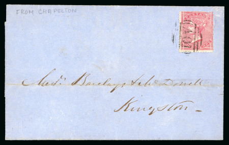 Stamp of Jamaica 1859 (Feb 11) wrapper from Chapleton to Kingston, with GB 4d rose tied by "A01" barred oval