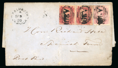 Stamp of Jamaica 1859 (Sep 9) entire from Falmouth to Spanish Town with GB 1d red "stars" pair and 4d rose cancelled by "A39" numerals