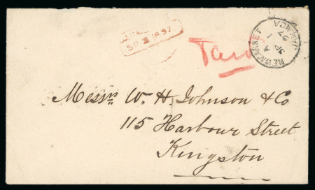 Stamp of Jamaica 1897-1902, pair of envelopes sent without stamps when supplies ran short, one 1897 (Sep 1) from Newmarket to Kingston with boxed "JAMAICA PAID"