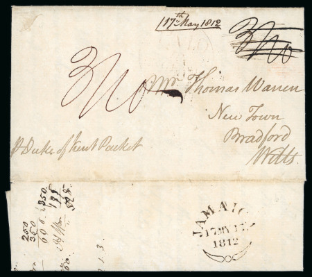 Stamp of Jamaica 1812 (May 17) entire to England with "PAID / TO / ENGLAND" circular cachet