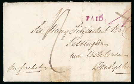 Stamp of Jamaica 1842 (Apr 9) entire from Morant Bay with magenta "PAID" hs and ms "4"