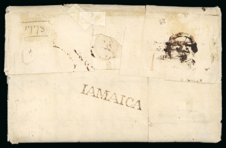 Stamp of Jamaica 1773-88, group of five entires with "JAMAICA" s/l hs, with types J1, J2, and J3