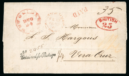 Stamp of Jamaica 1851 (Dec 3) entire from New York to Mexico via New Orleans, Havana and Kingston, with "No / Detained for Postage" hs with m/s "1/4" applied in Kingston