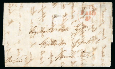 Stamp of Jamaica 1849 (Feb 12) entire from Montego Bay with a nice strike of the "PAID / 8D" in circle in red