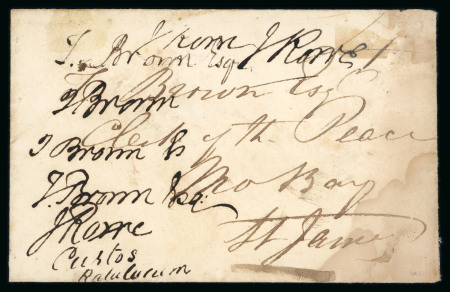 Stamp of Jamaica 1854 (Mar 6) Envelope to J. Brown, Clerk of the Peace at "Mo Bay", signed "J. Rowe, Custos Rotulorum" granting free postage