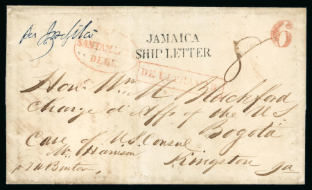 Stamp of Jamaica 1844 entire from the USA to the Chargé d'Affaires of the US in Bogota, sent "Care of U.S. Consul / Kingston / Ja"