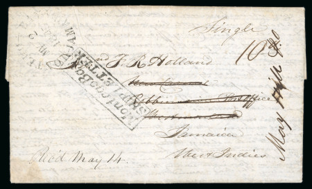 Stamp of Jamaica 1845 (Mar 5) entire from Bethlehem, USA, to Robbins River P.O., struck on a arrival with "Montego Bay / SHIP LETTER" framed hs