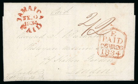 Stamp of Jamaica 18341834 (Feb 9) wrapper to England with a superb "JAMAICA / PAID" type PD3 cds in red