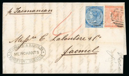Stamp of Jamaica 1874, pair of covers to Jacmel, Haiti, one at 5d rate and one at 10d rate