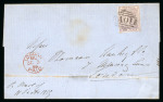 Stamp of Jamaica 1858-59, group of two covers and a large piece with GB stamps used in Jamaica