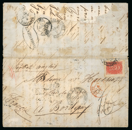Stamp of Brazil » 1850-66 Upright Figures 1861, 280r vermilion, a large margined example on insufficiently franked transatlantic mail to France.