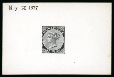 Stamp of Jamaica Postal Stationery: 1877 (May 29) De La Rue die proof of the 1d stationery die in black on glazed card
