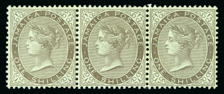 Stamp of Jamaica 1905-11 1s black on green mint strip of three with middle stamp showing the "$" for "S" in "SHILLING" variety