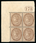 Stamp of Jamaica 1905-11 1s brown mint top left corner marginal block of four with current number showing the "$" for "S" in "SHILLING" variety