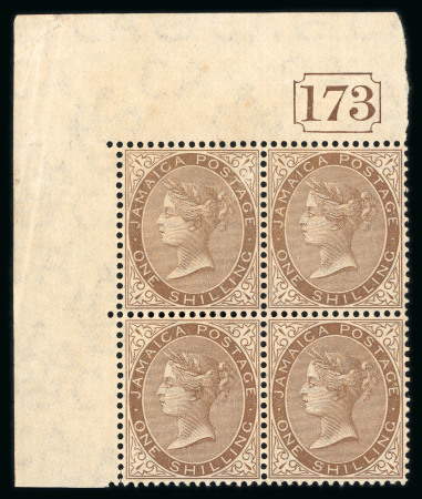 Stamp of Jamaica 1905-11 1s brown mint top left corner marginal block of four with current number showing the "$" for "S" in "SHILLING" variety