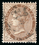 Stamp of Jamaica 1860-1911 Laureated Head collection mounted on 10 pages, incl. several "$" for "S" in "SHILLING" variety used