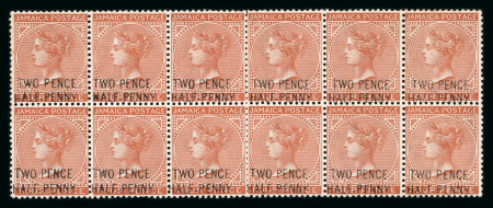 Stamp of Jamaica 1890-91 2 1/2d on 4d specialised collection mounted on 11 pages, identifying the different settings and varieties