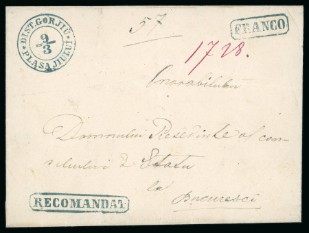 Stamp of Romania » Postal History » Moldavian "FRANKO" Handstamps GORJIU: Registered folded letter sheet from Gorjiu