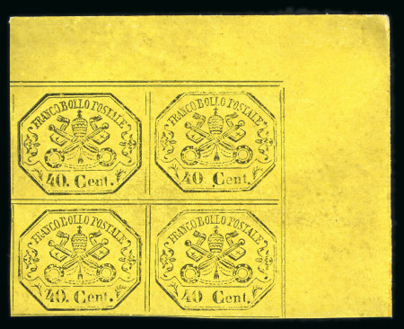 Stamp of Italian States » Papal States 1867, 40c black on yellow, marginal block of four n.h. with varieties