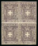 Stamp of Italian States » Tuscany Provisional Government. 1860 1c violet-brown, very fine mint block of four