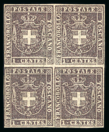Stamp of Italian States » Tuscany Provisional Government. 1860 1c violet-brown, very fine mint block of four