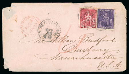 Stamp of Trinidad and Tobago » Trinidad 1869 (Aug 24) envelope to the USA with 1863-80 perf.12 1/2 (1d) and 4d tied by "1" type 0.7 cds