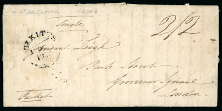 Stamp of St. Kitts-Nevis 1763-1813, group of 4 pre-stamp covers incl. 1763 entire from St. Kitts sent to a forwarding agent in New York to Madeira