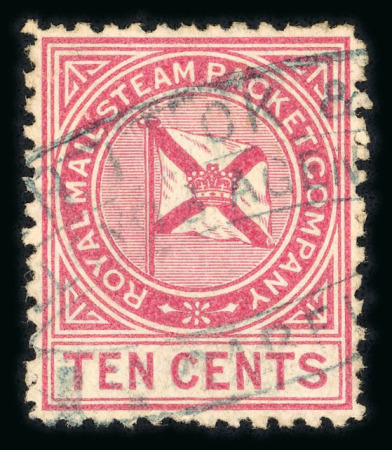 Stamp of Danish West Indies Royal Mail Steam Packet Company 1875: 10c rose, perf. 12 1/2 used with oval framed "JOH KOCK & Co. / LLOYD'S AGENTS / PTO. CABELLO" in black