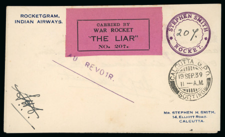 Stamp of India » 1855-1946 De La Rue and later Crown Colony Issues 1939 (Sep 19) Pair of rocketgram slips, with "CARRIED BY THE WAR ROCKET..." labels for "The Liar" and "Grog-Nee-Gin"
