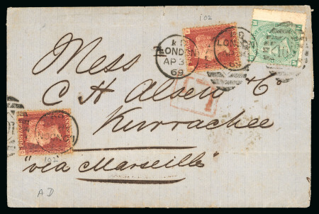 Stamp of Great Britain » 1854-1900 Postal History of the Perforated Line Engraved and Surface Printed Issues 1868-72, group of 8 covers to India, five with 1864-79 1d red with 1867-80 1s frankings plus another with extra 1d for late fee