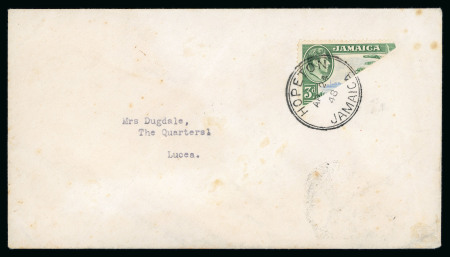 Stamp of Jamaica 1948 (Apr 24) envelope from Hopeton to Lucea, with 1938 3d bisected diagonally
