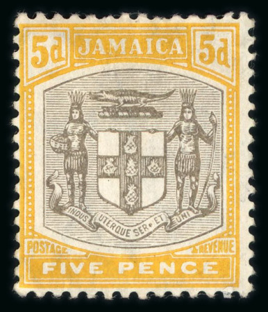 Stamp of Jamaica 1903-11, Arms issue specialised collection on 6 pages incl. many with "SER.ET" variety