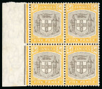 Stamp of Jamaica 1905-11, Arms issue wmk multi CA 5d mint n.h. with the "SER.ET" variety in mint left marginal block of four