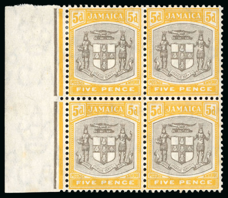 Stamp of Jamaica 1905-11, Arms issue wmk multi CA 5d mint n.h. with the "SER.ET" variety in mint left marginal block of four